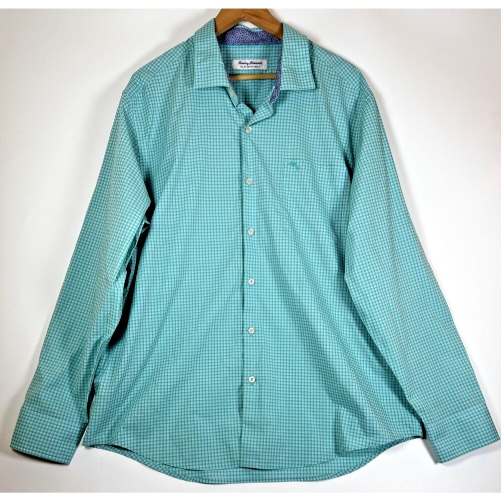 Tommy‎ Bahama Shirt Mens XL Green Blue Check Button Up Long Sleeve Pima Cotton
